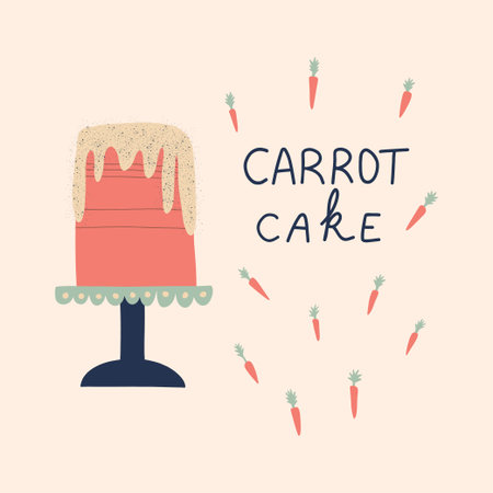 Greeting card with carrot cake and lettering. Birthday cake flat icon isolated on background. Hand...