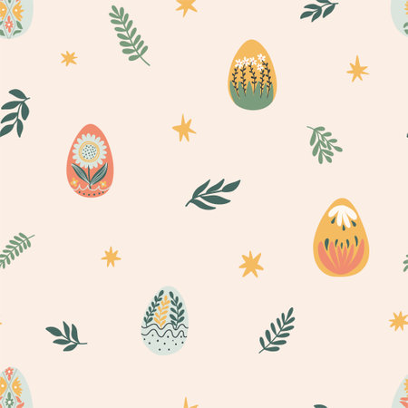 Easter seamless pattern with Easter eggs and flowers, branches. .Hand drawn vector Illustration for banners, wallpapers, fabrics, wrapping, textiles, prints, invitations.のイラスト素材