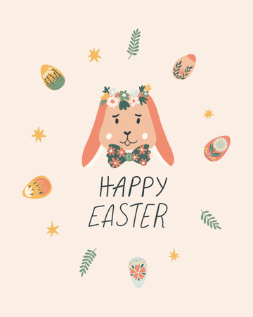 Happy Easter card with bunny in a bow tie and wreath, lettering, flowers and easter eggs. Hand drawn vector illustration in cute advent, greeting card, banner, t shirt, print, decoration and more.のイラスト素材