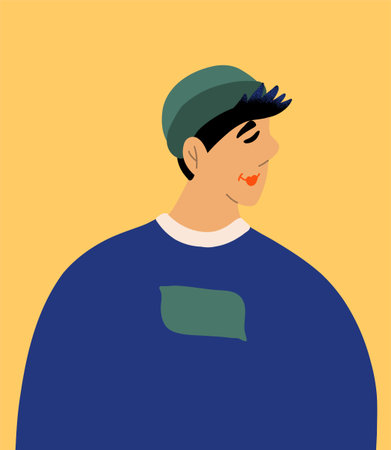 Asian teen in a hat. Profile portrait of male cartoon character. Flat vector illustration isolated...