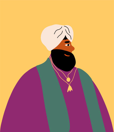 Portrait Indian man in turban, national clothes. Colored flat graphic vector illustration of Asian man isolated on yellow background.のイラスト素材