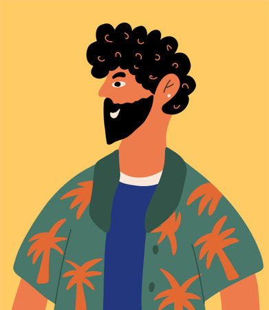 Portrait of a bearded happy man in a Hawaiian shirt with palm trees. Vector illustration in cartoon style.のイラスト素材