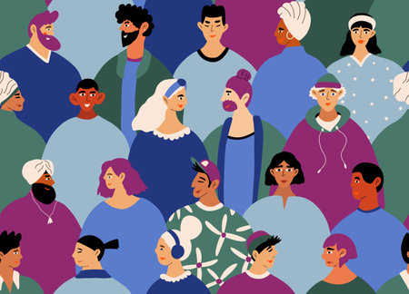 Seamless pattern with multiethnic people in trendy hipster clothes. Diversity of group people in stylish outfit standing together. Society or population, social diversity. Cartoon vector illustration.のイラスト素材