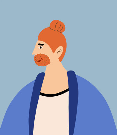 Portrait of bearded redhead man with head bun.のイラスト素材