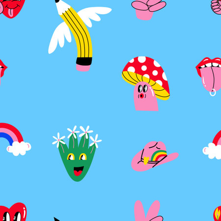 Groovy seamless patterns. Cartoon funky print with mushroom, pencil, heart, rainbow, flower. Retro 70s background. Vector illustration for wallpaper, paper, factory, packaging, textile.のイラスト素材