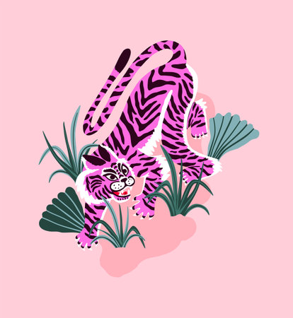 Japanese style tiger in jungle. Indian oriental style. Flat hand drawn for t shirt print, logo, poster template, tattoo idea. Endangered animal. .のイラスト素材