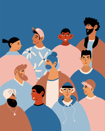 Crowd of diverse man in modern trendy outfits. Group of casual funny multinational young people. Colorful male background in cartoon style. Vector card International Father s Day.のイラスト素材