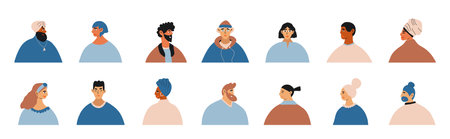 Set diversity persons portrait. Team diverse men and women of different races. Characters bundle of people avatars. Colored vector cartoon illustration.のイラスト素材