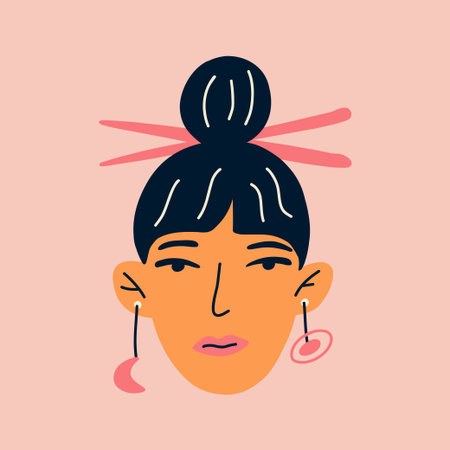 Portrait of a beautiful asian woman with jewelry in her ear. Avatar of ethnic female character...