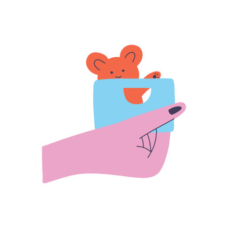 Doodle hand holds a box of toys. Concept of sharing old toys, recycling old things. Eco friendly consumption of things. Hand drawn vector illustration for postcard, invitation, poster, media.のイラスト素材