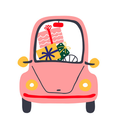 Greeting postcard with retro cartoon car. Pink car with shopping and gifts for Christmas. Vector illustration for card, cover, t shirt, bag.のイラスト素材