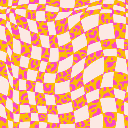 Seamless pattern in 1970 trippy style with grid and leopard print. Wavy swirl print in pink colors. Hand drawn vector illustration. Design groovy for background, wallpaper, pack.のイラスト素材