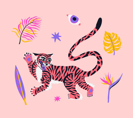 Poster with cute tiger, eye, banana leaf, palm tree on the pink background. Cartoon vector illustration for cover, postcard, stickers, t shirt.のイラスト素材