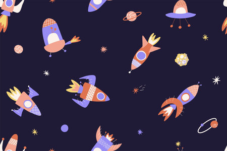 Seamless cosmic pattern with different rockets, UFO and planets in cartoon style. Childish...