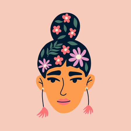 Portrait of beautiful woman with flowers in hair. Avatar of European female character isolated on background. Flat vector cartoon illustration.のイラスト素材