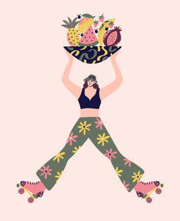 Roller skating girl in chamomile print flare pants. Funny cartoon illustration with skater women character poster. Hand drawn vector illustration in colorful retro style.のイラスト素材
