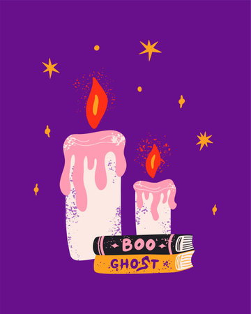Halloween candles and books in cartoon style. Halloween cute background for postcard, cover, decor.のイラスト素材