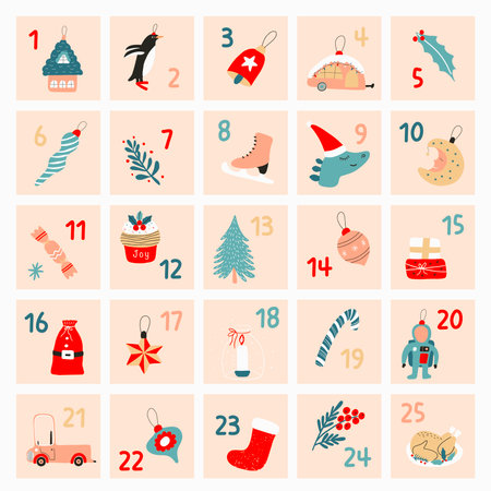 Xmas advent calendar with cartoon elements. Christmas poster with numbers, car, penguin, tree toys. Vector illustration for cover, book, textile.のイラスト素材