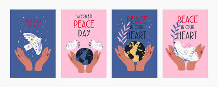 4 postcards international day of peace. Banner with dove, hands, lettering. Banner, card with symbol of no war, world peace. Vector illustration.のイラスト素材