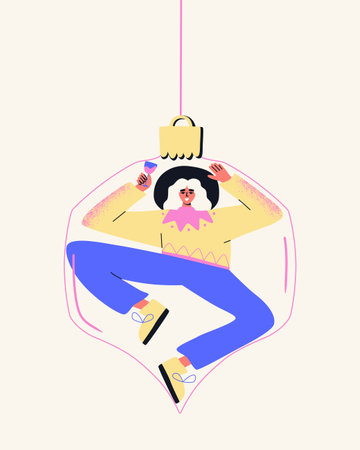 Woman dancing in christmas toy. New year postcard with blonde girl in boater and glass. Cartoon illustration for t shirt, card, print.のイラスト素材