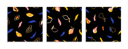 3 seamless pattern with mango, pear, lemon. Summer fresh bright whole and sliced fruits isolated on...