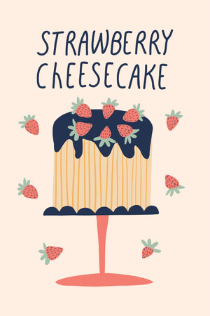 Strawberry cheesecake with chocolate glaze. Greeting card with Bday cake and lettering. Hand drawn vector illustration for bakery, sweet shop, print, card, bannerのイラスト素材