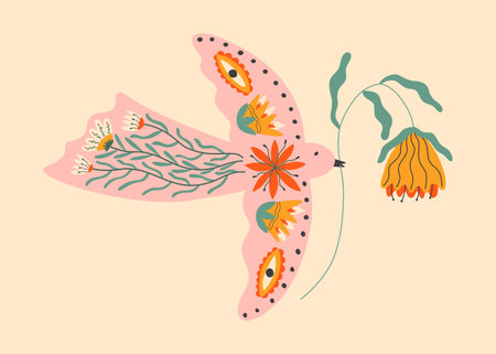 Folk spring bird holding Protea. Rustic vector illustration for poster, card, t shirt.のイラスト素材