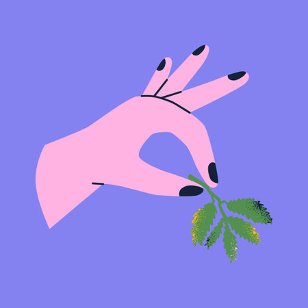 Pop art poster with hand holding a sprig of mint. Hand drawn vector illustration for card, print. Elements isolated on background.のイラスト素材
