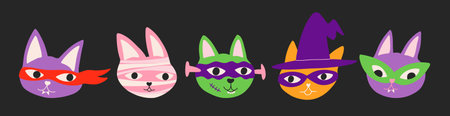 Set of Halloween cartoon cute cats in costumes. Hand drawn Vector illustration with cartoon elements...