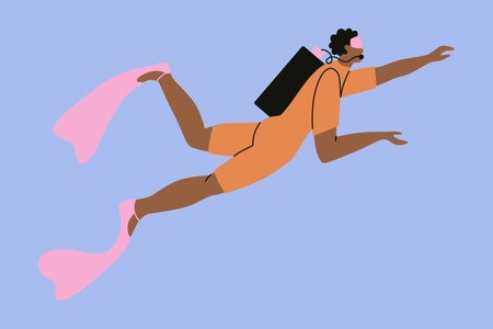 African American diver in diving suit, mask, oxygen tank and fins. Sea sport diving. Cartoon vector illustrations isolated on background.のイラスト素材