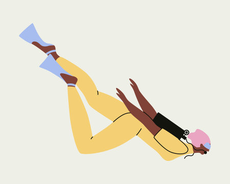 Scuba diver woman character in diving suit, oxygen mask and tank, fins. Underwater extreme sea marine sport. Cartoon vector illustrations isolated on background.のイラスト素材