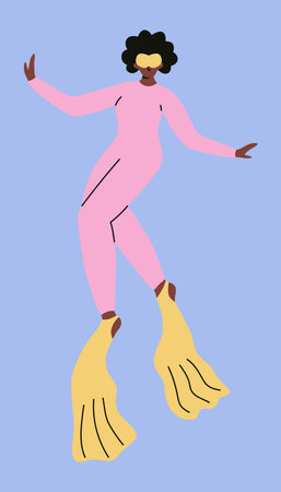African American woman diver in diving suit, mask and fins. Sea sport diving. Cartoon vector illustrations isolated on background.のイラスト素材