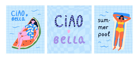 Women having fun in pool. Collection of colorful characters on swimming mattress. Ciao bella. Vector illustration for card, poster, design.のイラスト素材