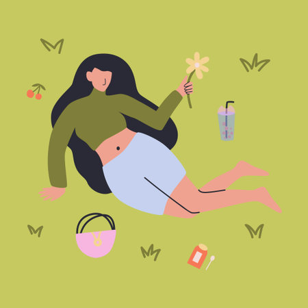 Woman relaxing in the park on a picnic. Girl on the lawn with a snack and bubble tea. Vector illustration designのイラスト素材