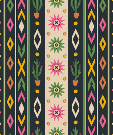 Mexican blanket  pattern with cactus, diamonds and flowers. Background for Cinco de Mayo party...