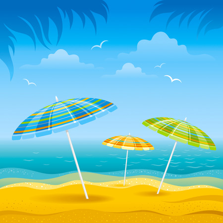 Beach background with blue sea and stripped beach beach umbrellas.のイラスト素材
