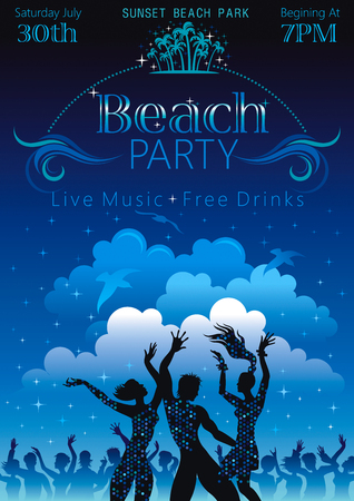 Evening beach background with young dancing peopleのイラスト素材