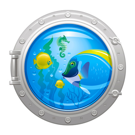 Blue porthole with colorful underwater life, fishesのイラスト素材