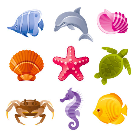 Colorful Cartoon Icon Set Of Sea Animalsのイラスト素材 イメージマート