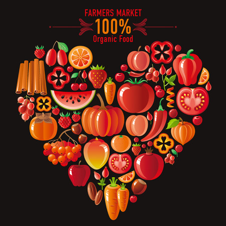 Vegetarian food icon set with organic fruits and vegetables on white background. Red and orange icons collection. Tomato cion, pumpkin, chili pepper icon, apple fruit, watermelon, mango fruit, berriesのイラスト素材