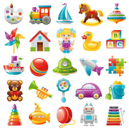 Baby toys icon set, palette, train, yaht, horse, whirligig, mill, toy house, dall, duck, baby block, boat, UFO, plane, puzzle, teddy bear, trumpet, car, pyramid, submarine, robot, xylophoneのイラスト素材