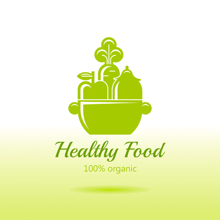 Healthy organic food icon with fresh fruits, vegetables and pan for cooking. Siluette apple fruit, carrot, eggplant. Sign for restaurant, supermarket, farmers market. Green colorのイラスト素材