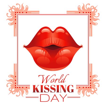 Sexy kissing woman lips with red lipstick on white background. Icon with text and vintage frame for greeting card design. Beautiful close up illustrationのイラスト素材