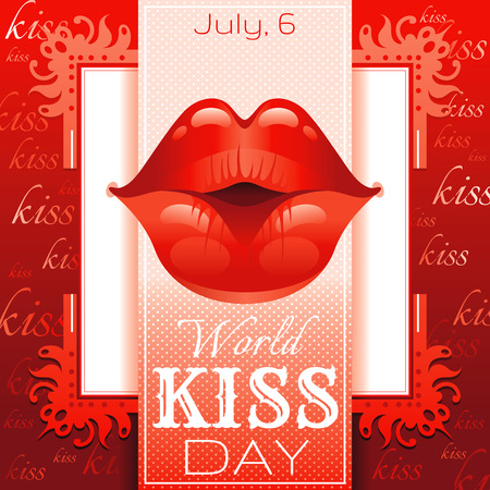 kissing woman lips with red lipstick on red background. Icon with text and vintage frame for greeting card design.のイラスト素材