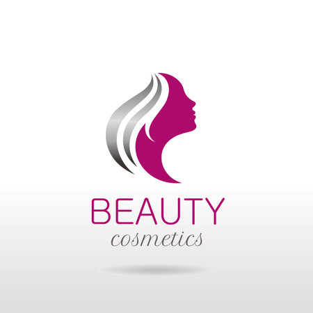 Elegant luxury logo with beautiful face of young adult woman with long hair. Sexy symbol silhouette of head with text letteringのイラスト素材