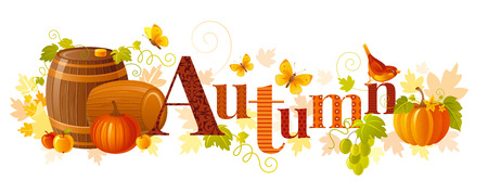 Vector illustration of word Autumn with agriculture and farm symbols - wine barrels, vineyard leafs, grapes, apples, pumpkin vegetables on white background. Text lettering banner for seasonal conceptのイラスト素材