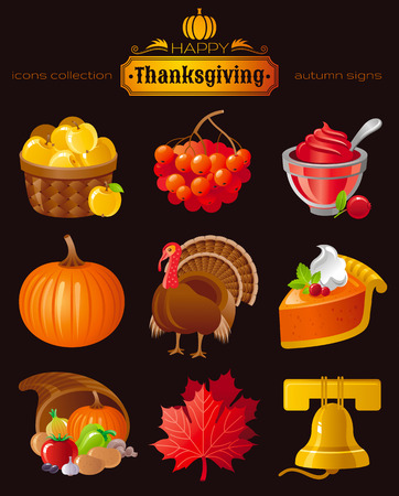 Vector icon set with autumn and thanksgiving food and symbols on black background. Includes apple basket, rowan berry, cranberry sauce, pumpkin, turkey, pie horn of plenty, maple leafs, church bell.のイラスト素材