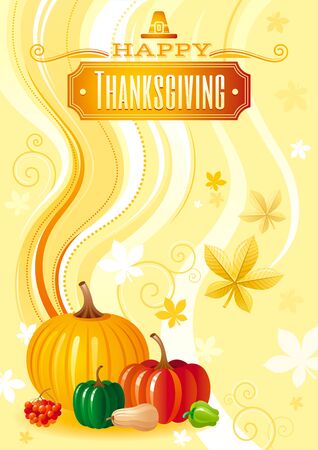 Autumn food vector background with pumpkin icon, squash, zucchini, paprika, and other vegetables illustrations. Abstract seasonal concept, fall gardening, farming harvest, thanksgiving dayのイラスト素材