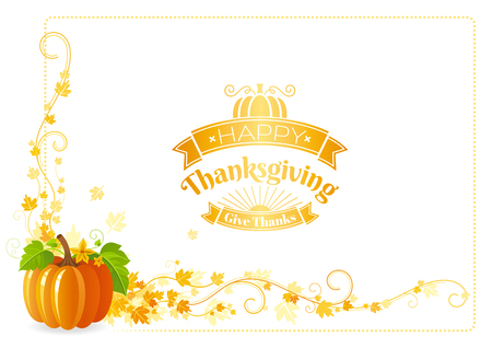 Autumn thanksgiving vector background with text lettering logo, food icon, leaves pattern. Abstract design template illustration for seasonal greeting card. Pumpkin vegetable farm harvestのイラスト素材