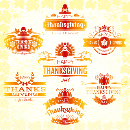 Vector illustration of happy thanksgiving logo icons set. Grunge background with holiday symbols - pumpkin, turkey, maple leaf, sunflower, pilgrim hat, sun, banners and swirlsのイラスト素材